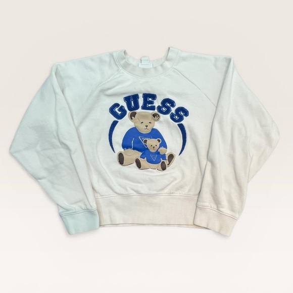 Guess Sweaters - GUESS Originals Teddy Bear Sweatshirt White Blue Graphic Logo Medium